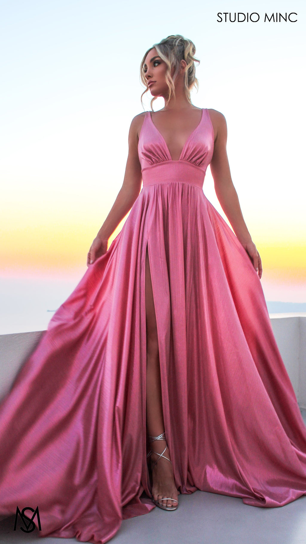 Lustre - Pink Formal Dress, Metallic V Plunge Neckline with leg Split