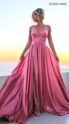 Lustre - Pink Formal Dress, Metallic V Plunge Neckline with leg Split