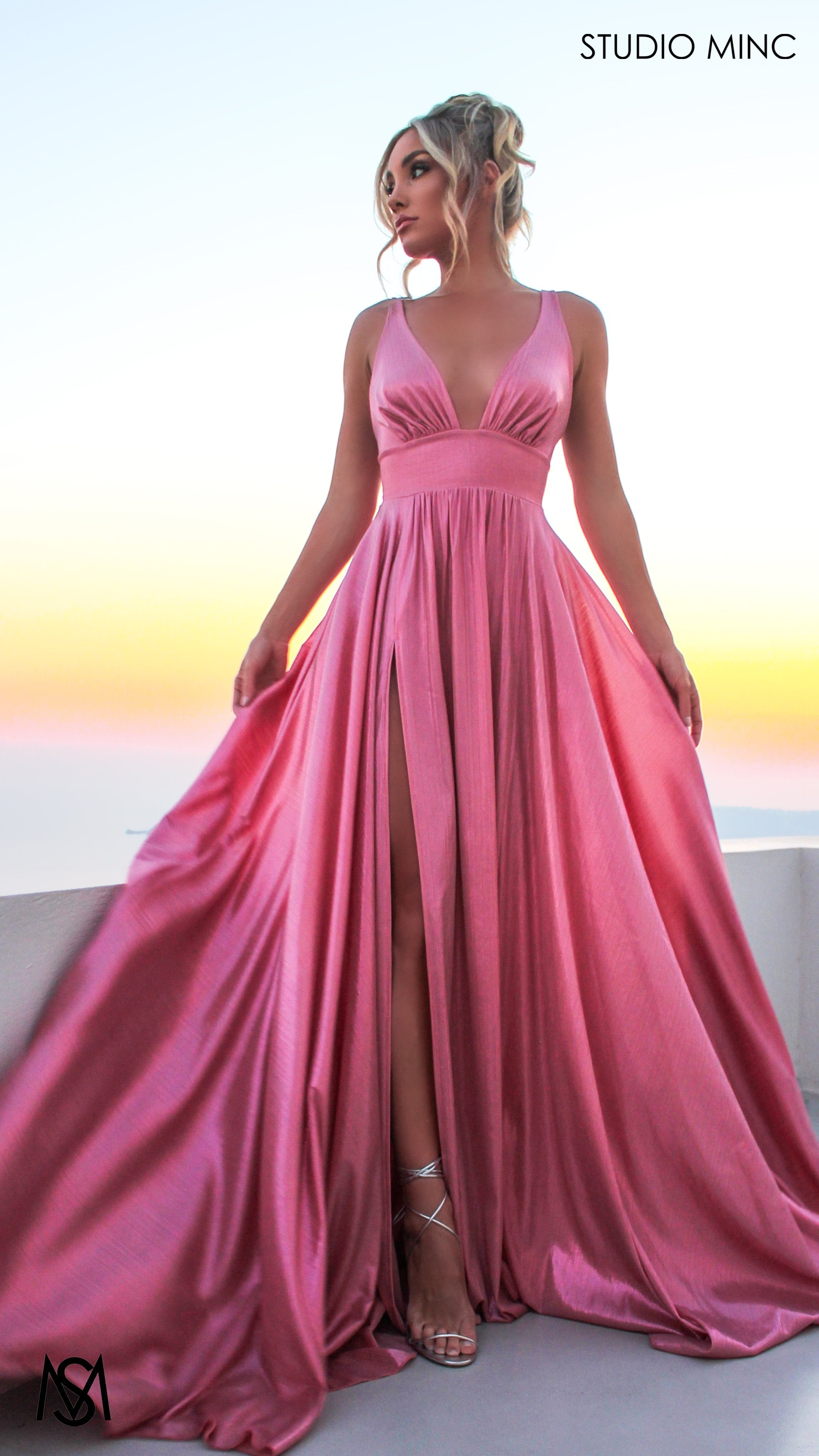 Lustre - Pink Formal Dress, Metallic V Plunge Neckline with leg Split