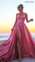 Lustre - Pink Formal Dress, Metallic V Plunge Neckline with leg Split