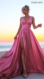 Lustre - Pink Formal Dress, Metallic V Plunge Neckline with leg Split