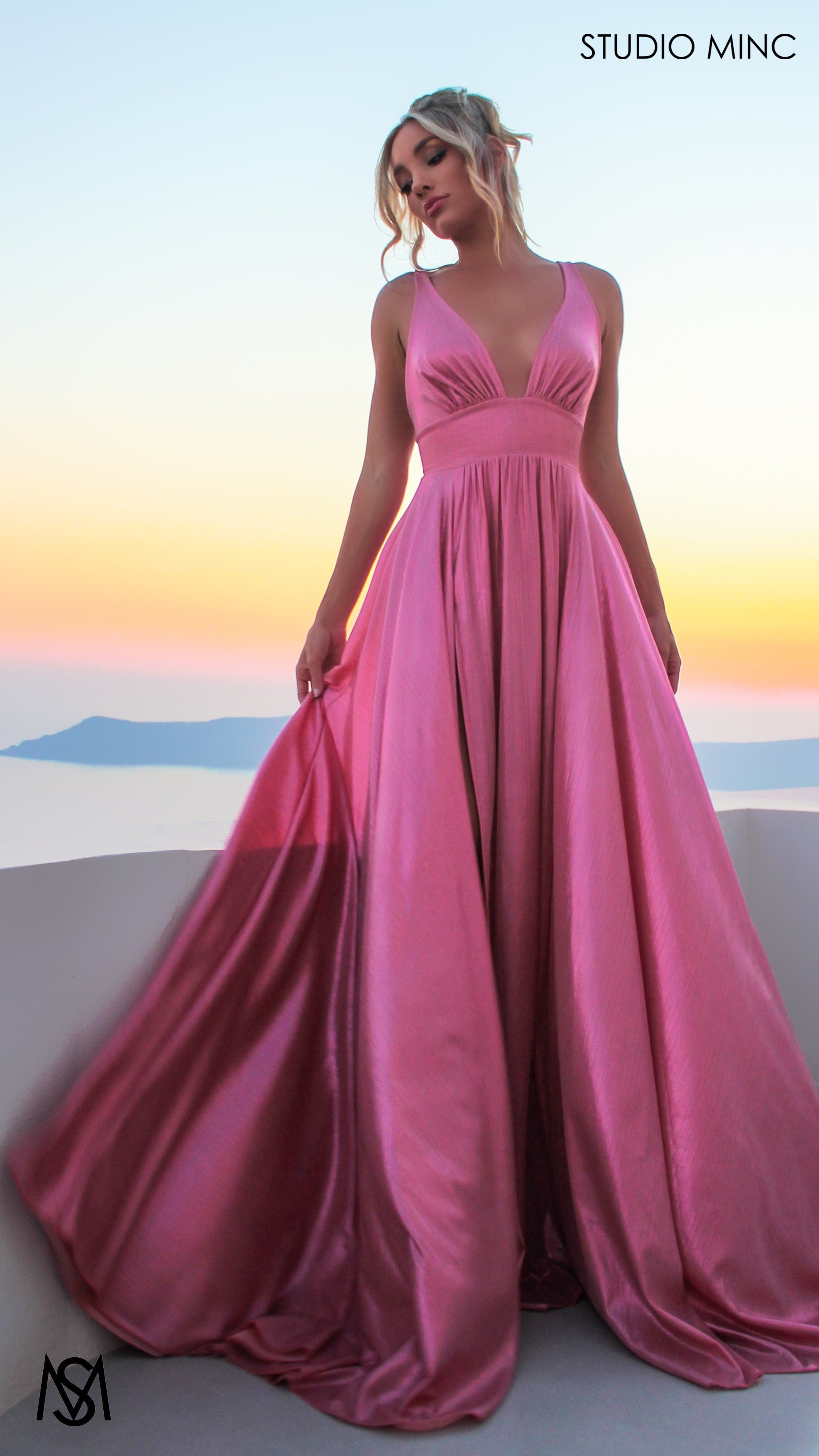 Lustre - Pink Formal Dress, Metallic V Plunge Neckline with leg Split