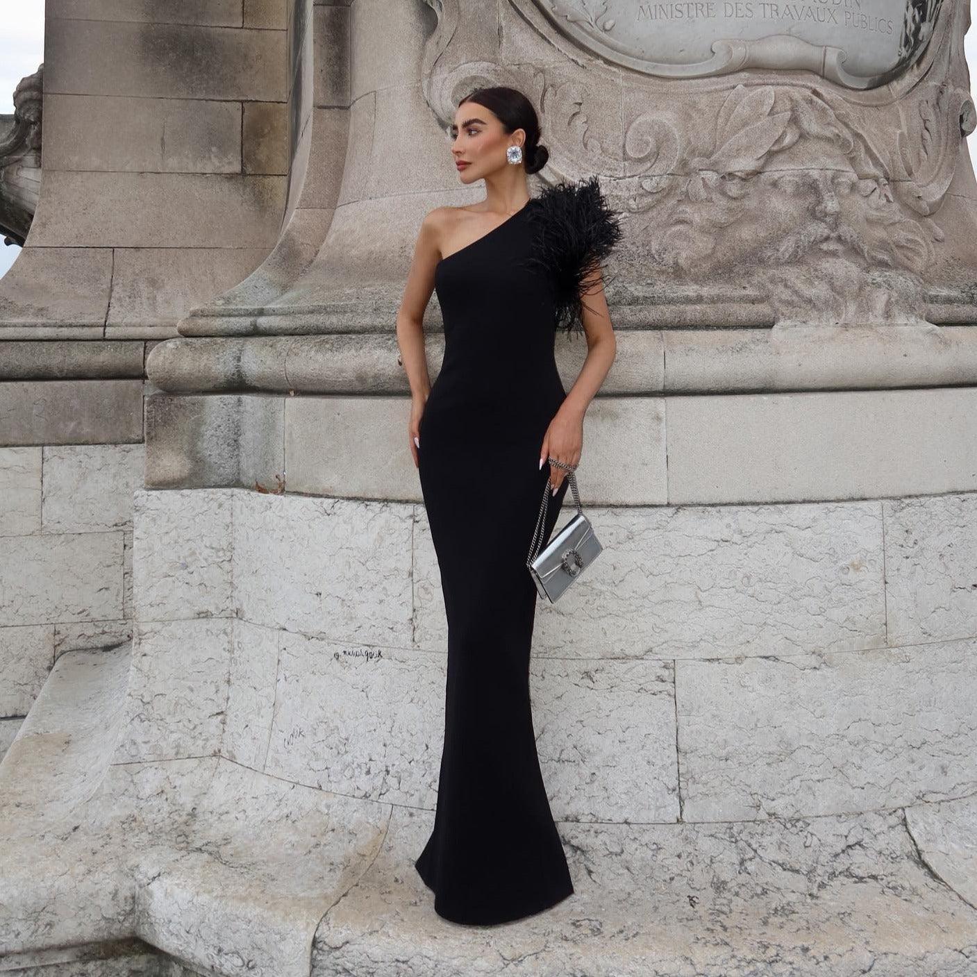 Mademoiselle Elegant One Shoulder Feather Maxi Dress