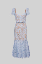 Short Sleeved Lace Dress With Delicate Matching Waist Belt - Blue