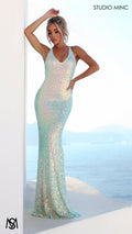 Mermaid Goddess - Frozen Blue Formal Dress, Sequin V Neckline Backless Fitted
