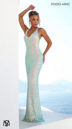 Mermaid Goddess - Frozen Blue Formal Dress, Sequin V Neckline Backless Fitted
