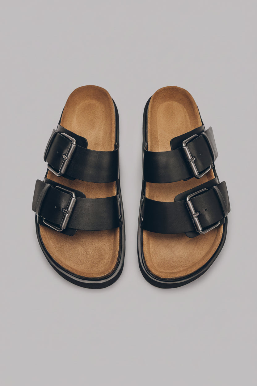 The Black Leather Buckle Sandals