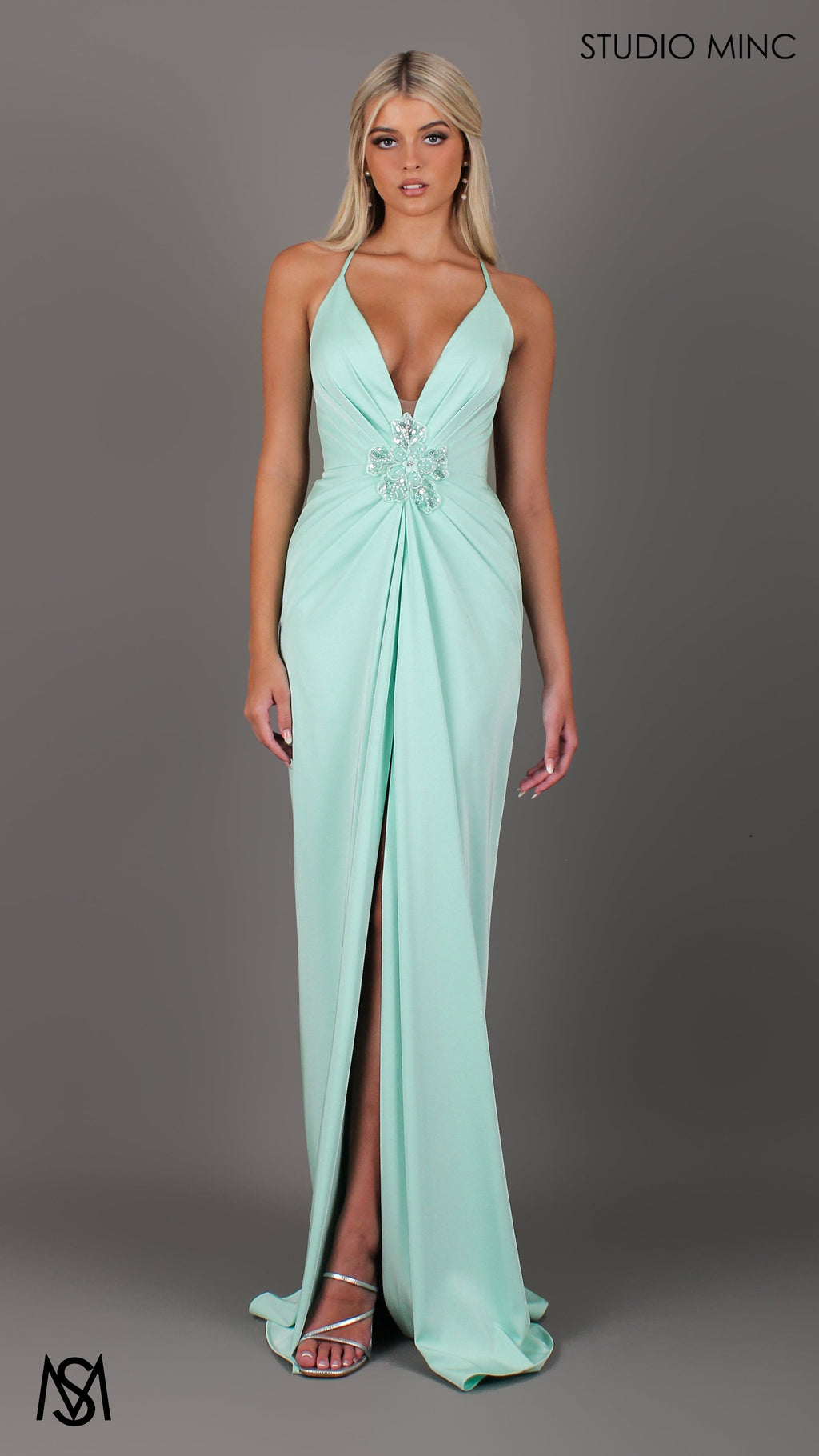Bloom - Mint Green Formal dress | Plunge V neckline draping floral pearl detail
