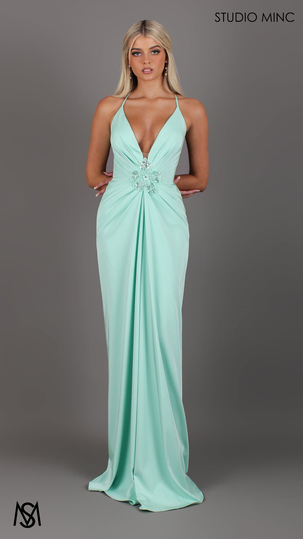 Bloom - Mint Green Formal dress | Plunge V neckline draping floral pearl detail