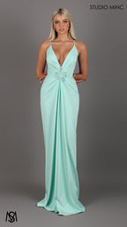 Bloom - Mint Green Formal dress | Plunge V neckline draping floral pearl detail