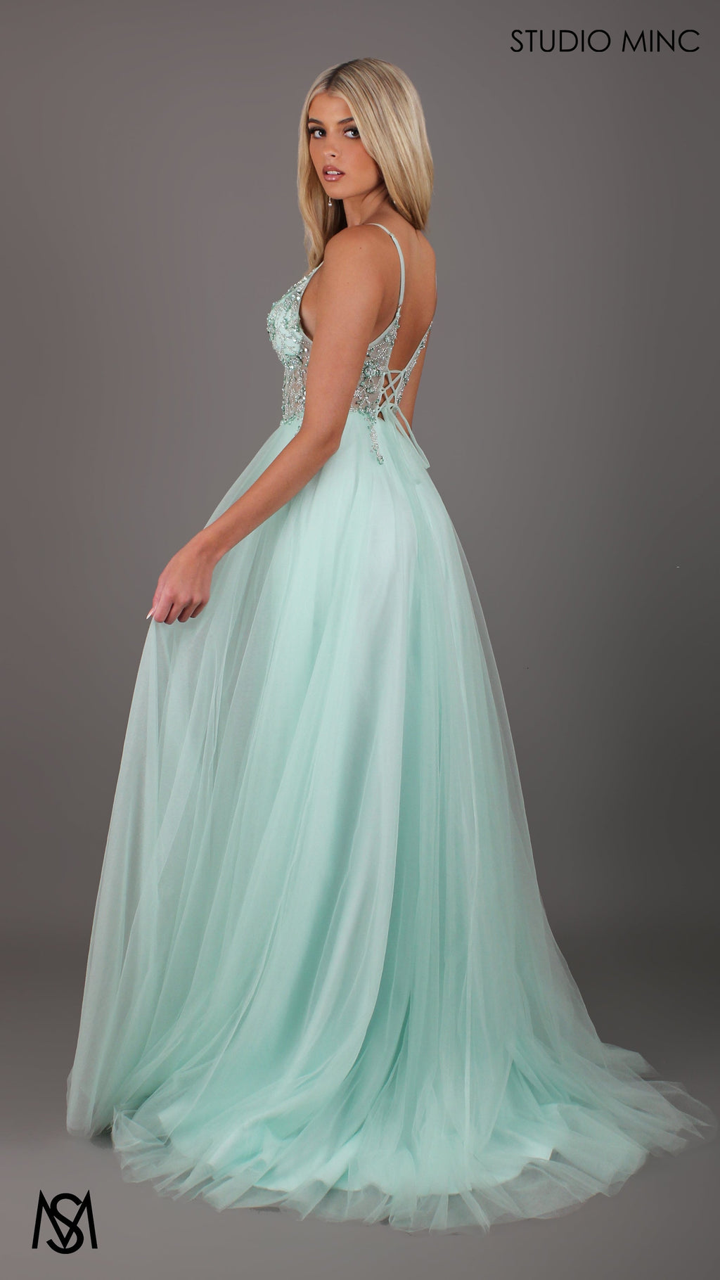 Lila - Mint Green Formal dress | Sheer Beaded floral V neckline tulle gown