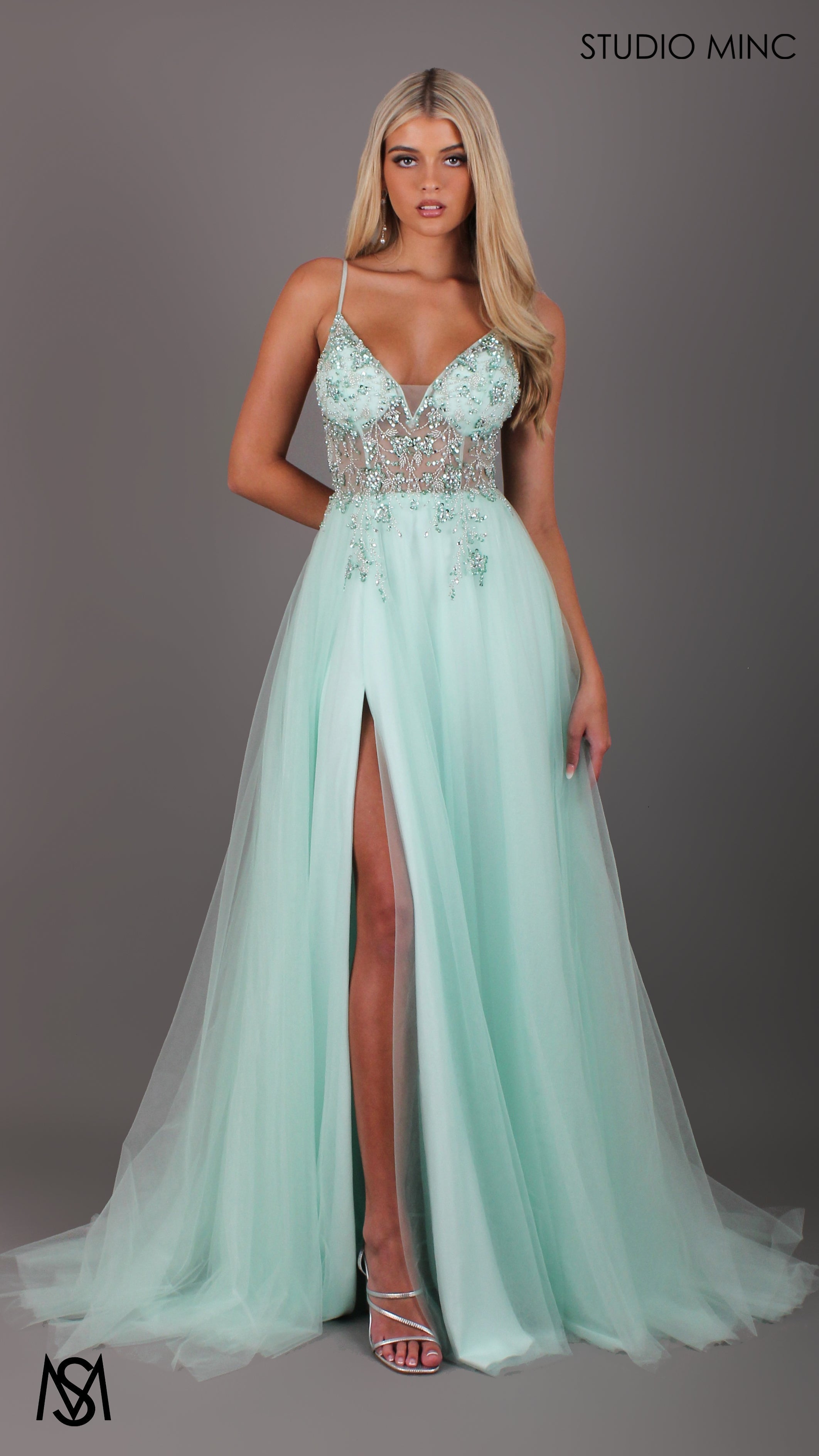 Lila - Mint Green Formal dress | Sheer Beaded floral V neckline tulle gown