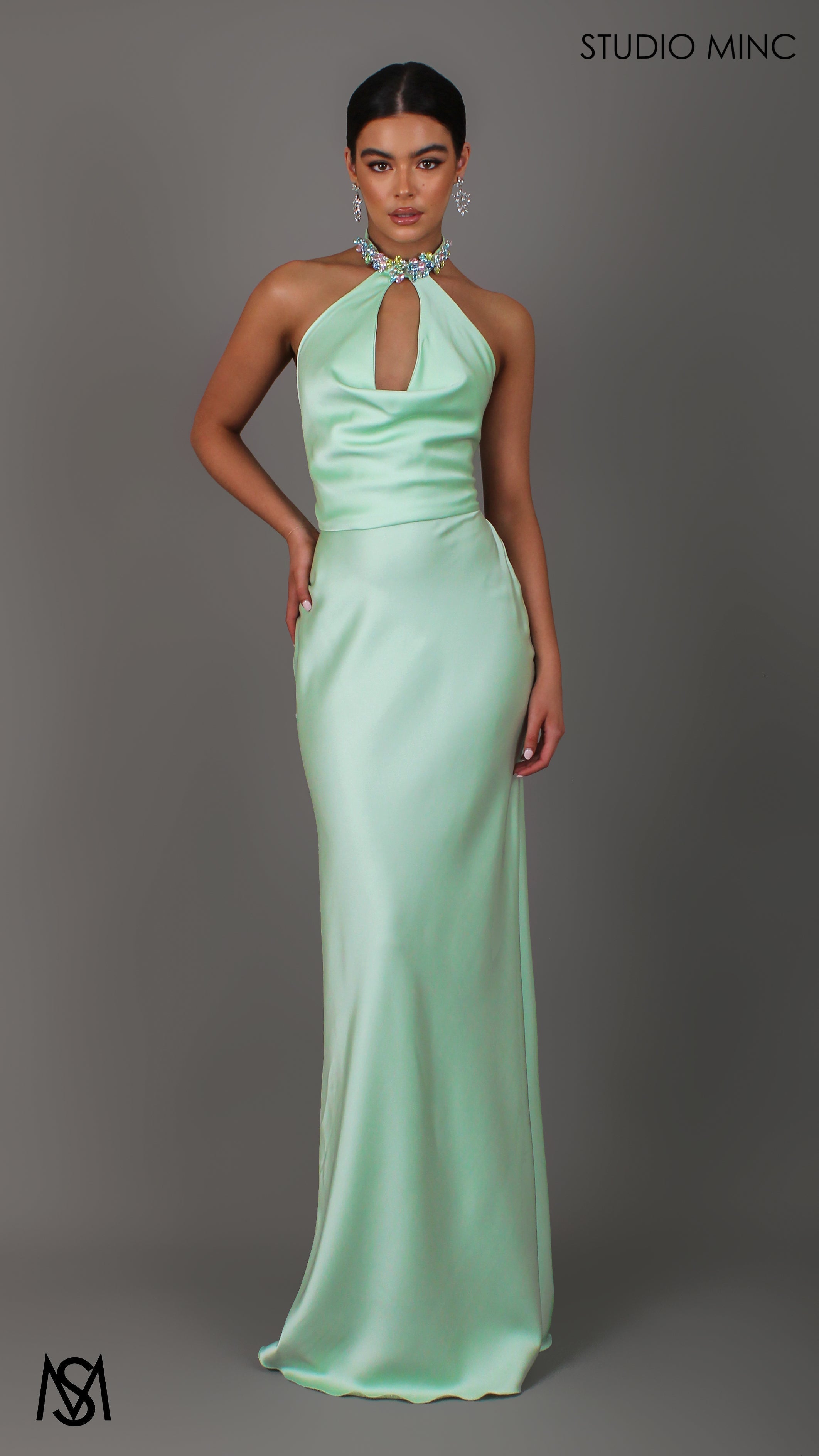 Jewel - Mint Green Formal Dress, Satin High Neck Plunge, Diamante choker, Backless