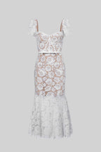 Short Sleeved Lace Dress With Delicate Matching Waist Belt - White