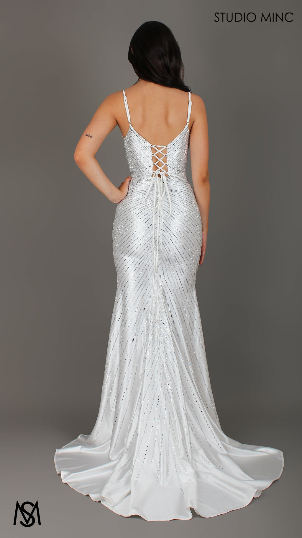 Mystique - Off-White & Silver formal dress, Rhinestone sparkly fitted Mermaid