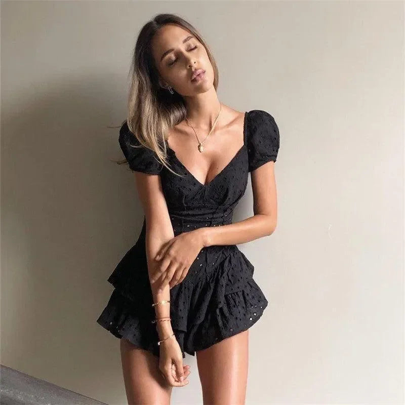 Nadia Black Ruffled Pleated Mini Dress