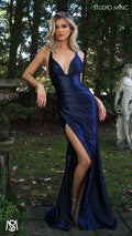 Classic - Navy Blue formal dress | Satin V neckline, backless Fitted Mermaid Gown with Slit