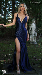 Classic - Navy Blue formal dress | Satin V neckline, backless Fitted Mermaid Gown with Slit