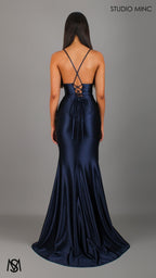 Classic - Navy Blue formal dress | Satin V neckline, backless Fitted Mermaid Gown with Slit