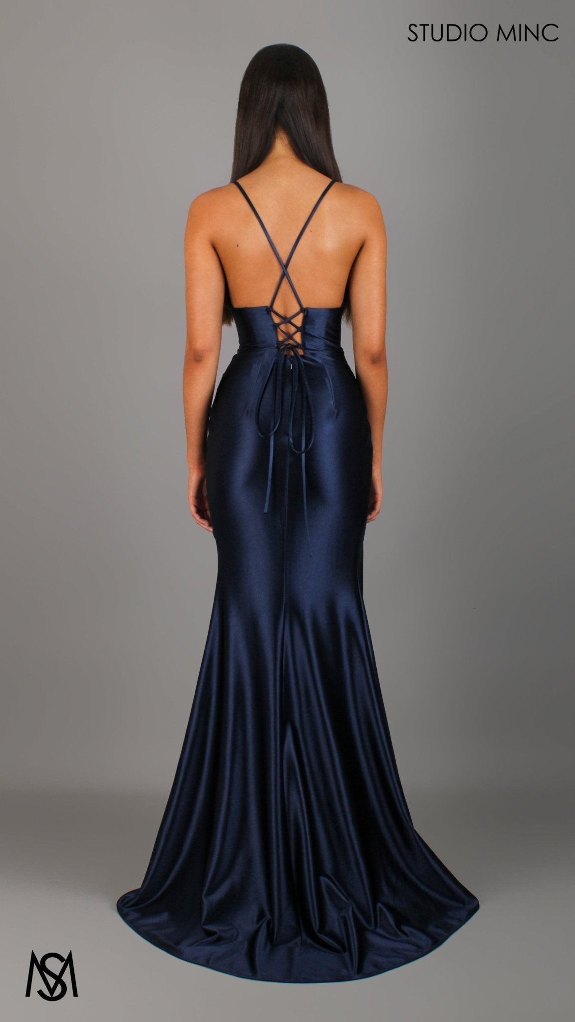 Classic - Navy Blue formal dress | Satin V neckline, backless Fitted Mermaid Gown with Slit