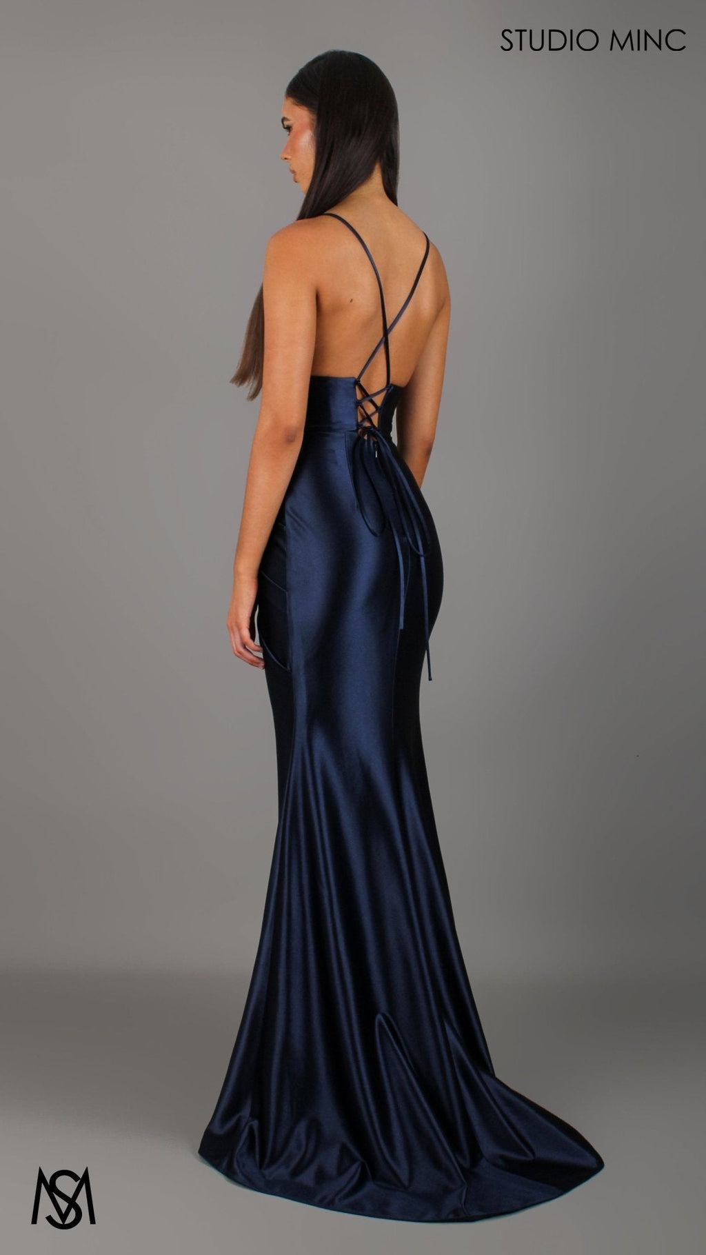 Classic - Navy Blue formal dress | Satin V neckline, backless Fitted Mermaid Gown with Slit