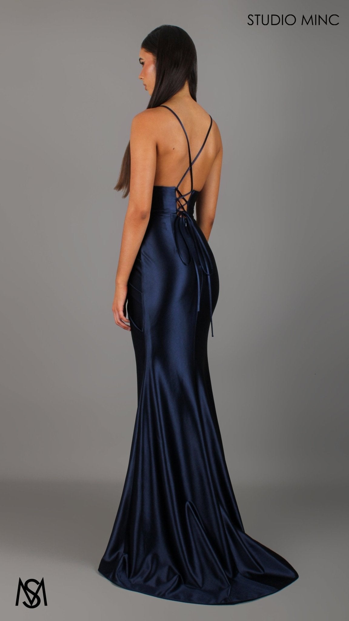 Classic - Navy Blue formal dress | Satin V neckline, backless Fitted Mermaid Gown with Slit
