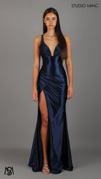 Classic - Navy Blue formal dress | Satin V neckline, backless Fitted Mermaid Gown with Slit