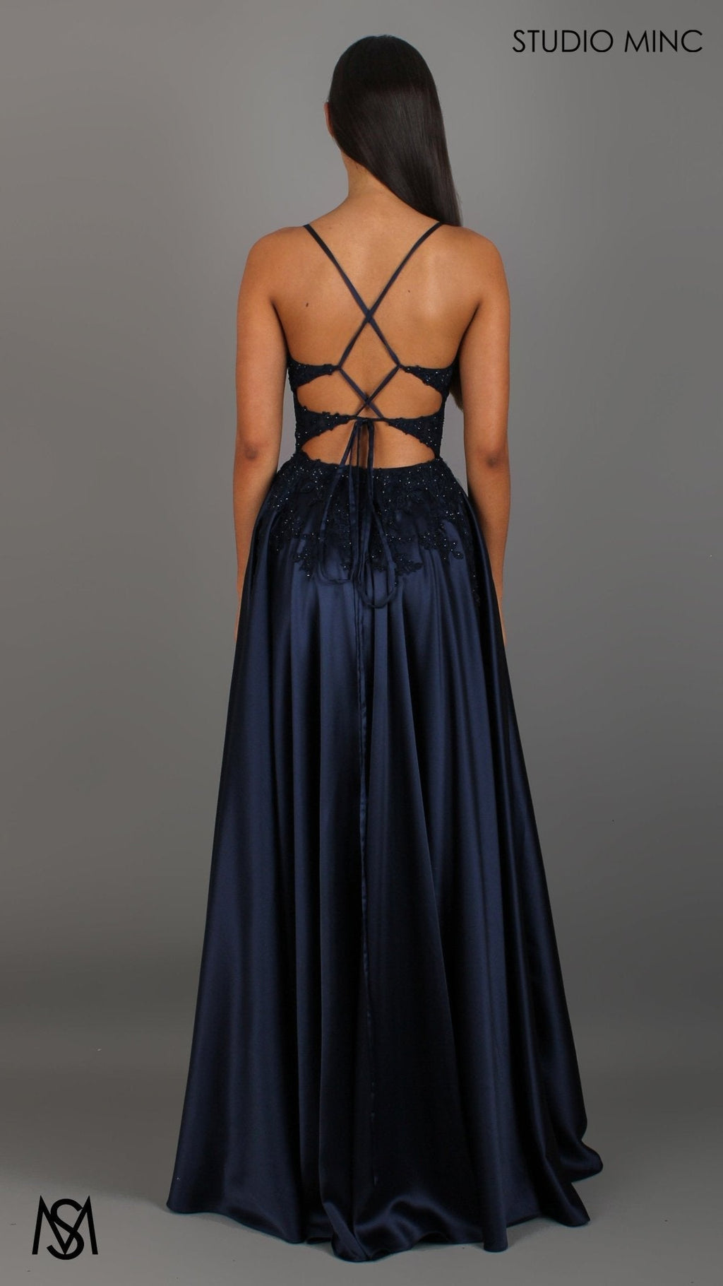 Eden - Navy Blue formal dress | Floral V neckline, backless, A-line Satin Gown with Pockets