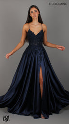 Eden - Navy Blue formal dress | Floral V neckline, backless, A-line Satin Gown with Pockets