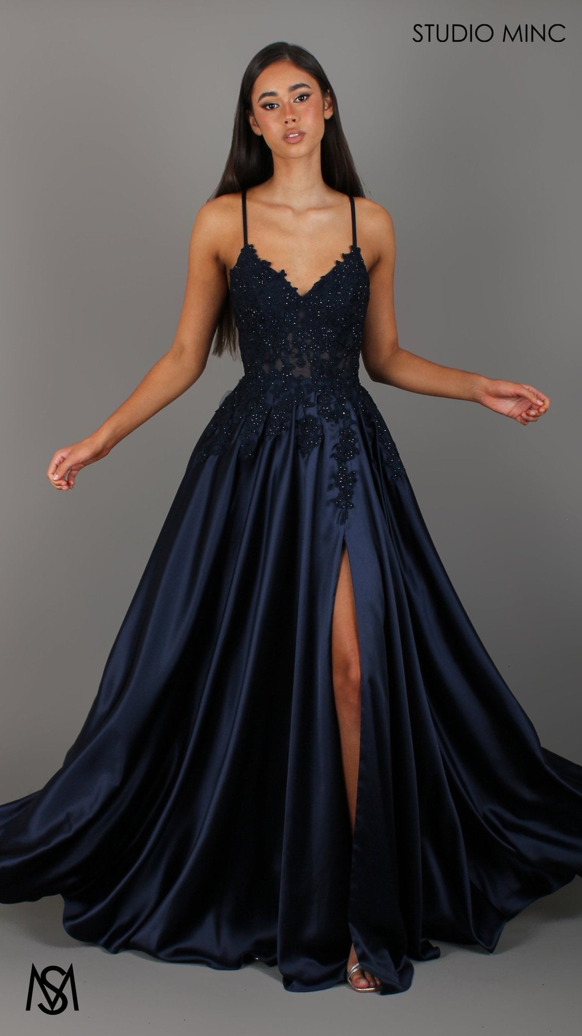 Eden - Navy Blue formal dress | Floral V neckline, backless, A-line Satin Gown with Pockets