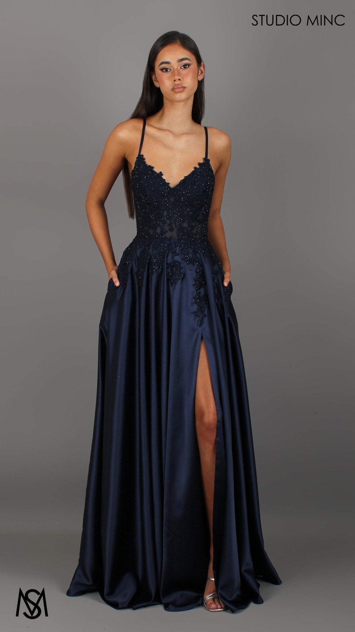Eden - Navy Blue formal dress | Floral V neckline, backless, A-line Satin Gown with Pockets