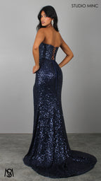 Elision - Navy Blue Formal Dress, Sequin and beaded Strapless corset, drop-waist fitted silhouette high leg slit