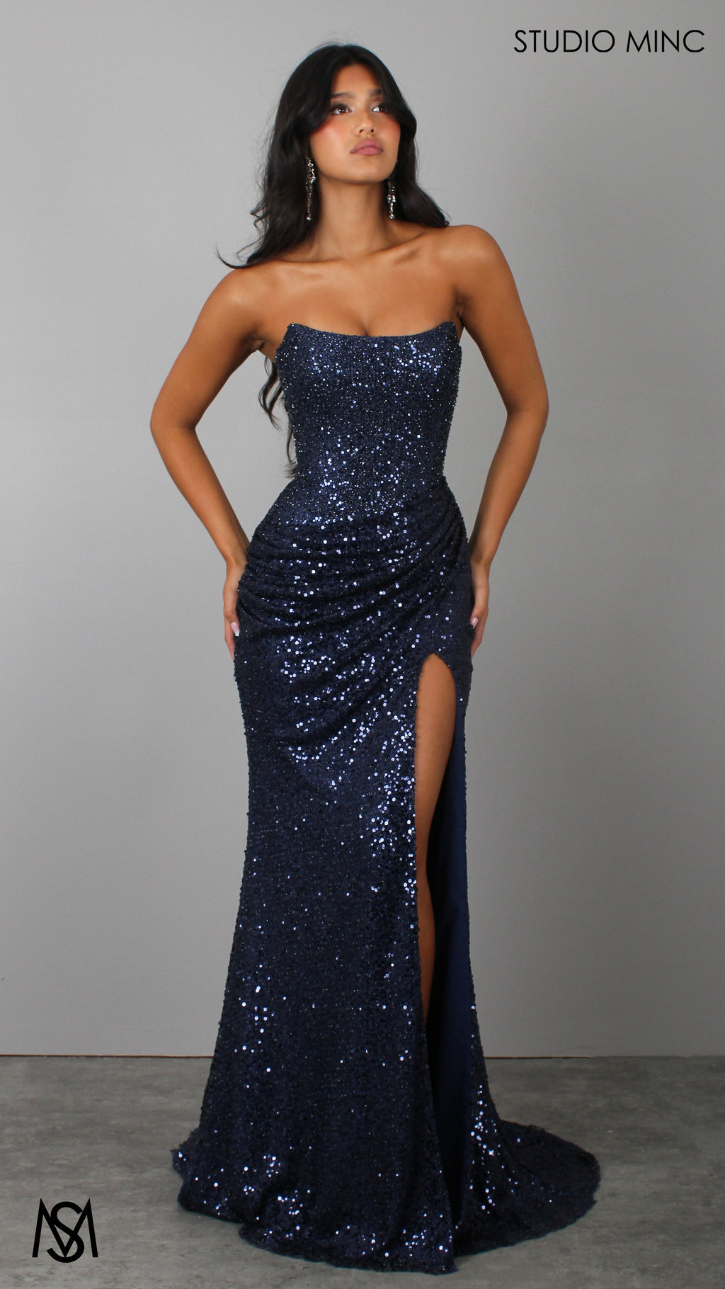Elision - Navy Blue Formal Dress, Sequin and beaded Strapless corset, drop-waist fitted silhouette high leg slit