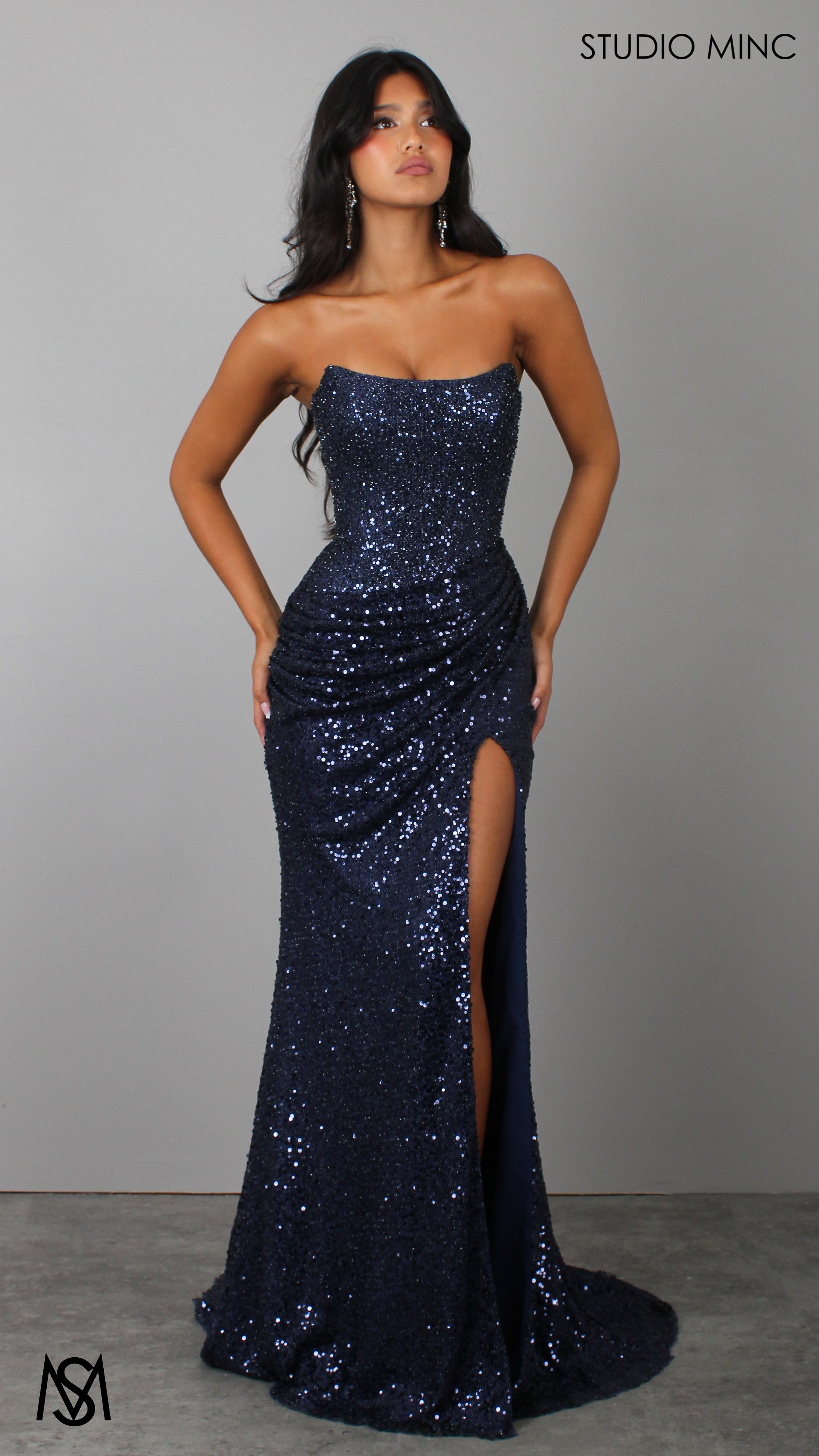 Elision - Navy Blue Formal Dress, Sequin and beaded Strapless corset, drop-waist fitted silhouette high leg slit