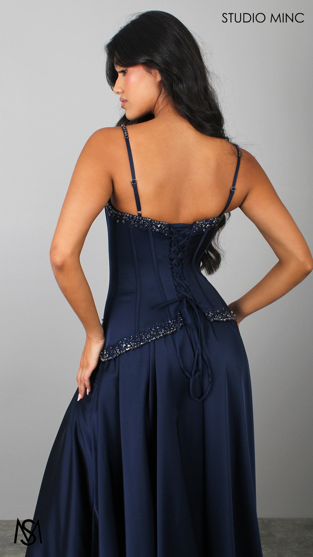 Idyllic - Navy Blue Formal Dress two piece Set, drop-waist Corset, A-line Satin skirt