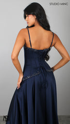 Idyllic - Navy Blue Formal Dress two piece Set, drop-waist Corset, A-line Satin skirt