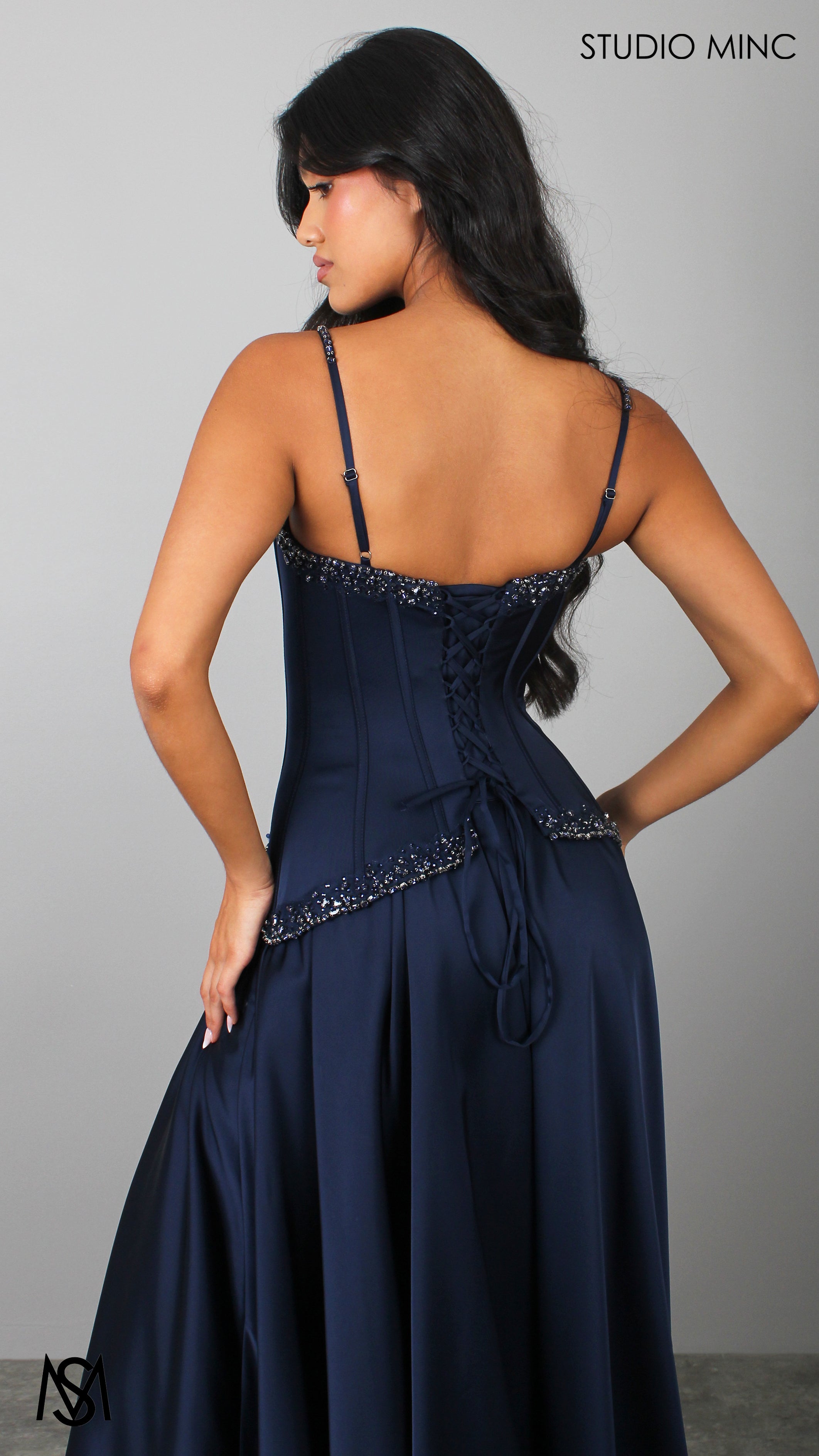 Idyllic - Navy Blue Formal Dress two piece Set, drop-waist Corset, A-line Satin skirt