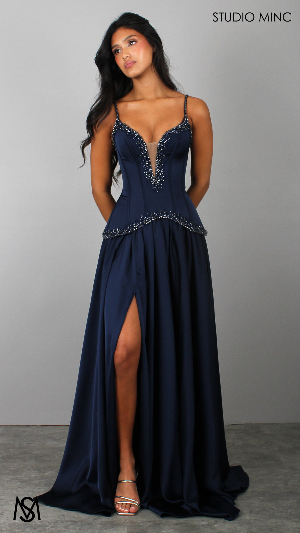 Idyllic - Navy Blue Formal Dress two piece Set, drop-waist Corset, A-line Satin skirt