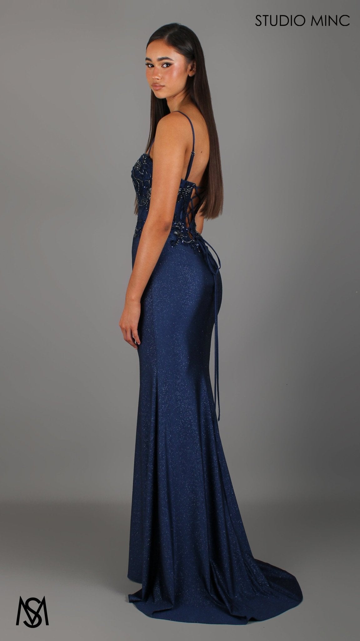 Imperial - Navy Blue Formal Dress, Beaded corset Strapless fitted mermaid silhouette