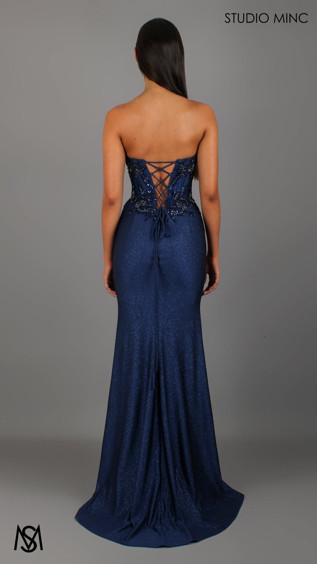 Imperial - Navy Blue Formal Dress, Beaded corset Strapless fitted mermaid silhouette
