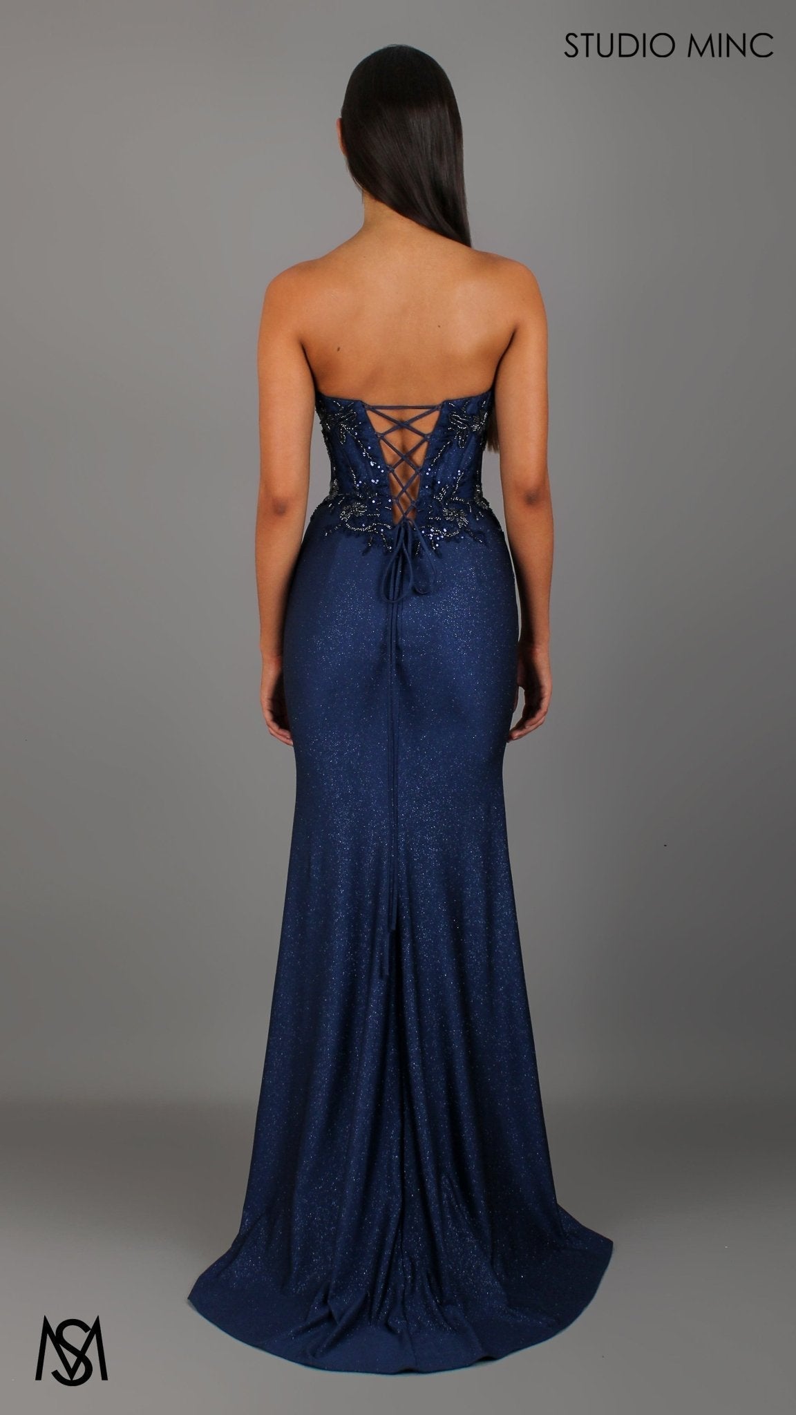 Imperial - Navy Blue Formal Dress, Beaded corset Strapless fitted mermaid silhouette