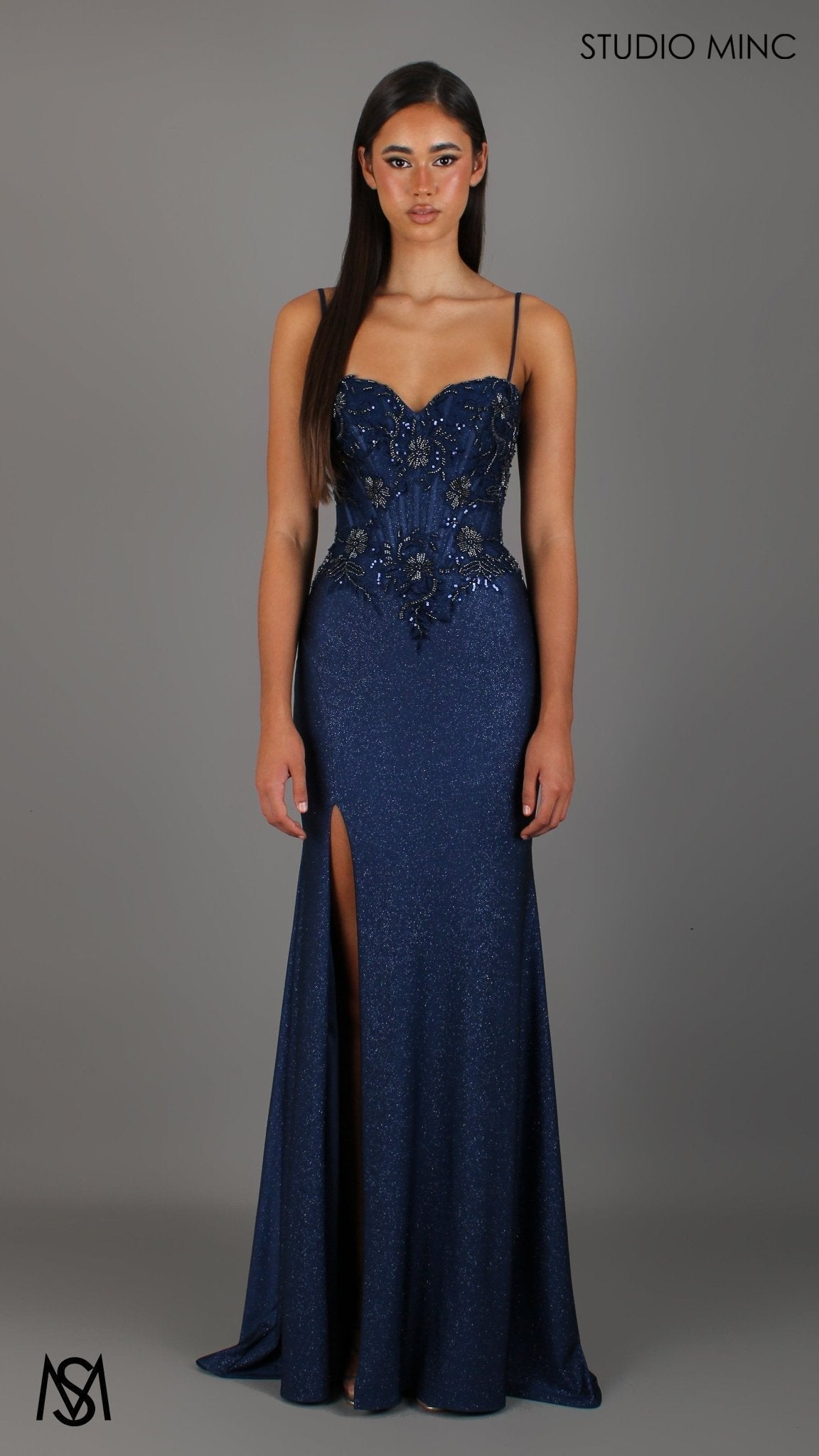 Imperial - Navy Blue Formal Dress, Beaded corset Strapless fitted mermaid silhouette