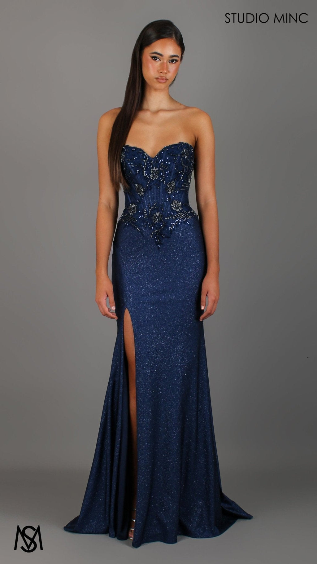 Imperial - Navy Blue Formal Dress, Beaded corset Strapless fitted mermaid silhouette