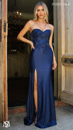 Imperial - Navy Blue Formal Dress, Beaded corset Strapless fitted mermaid silhouette