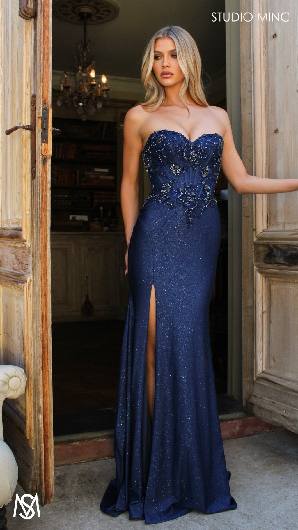Imperial - Navy Blue Formal Dress, Beaded corset Strapless fitted mermaid silhouette