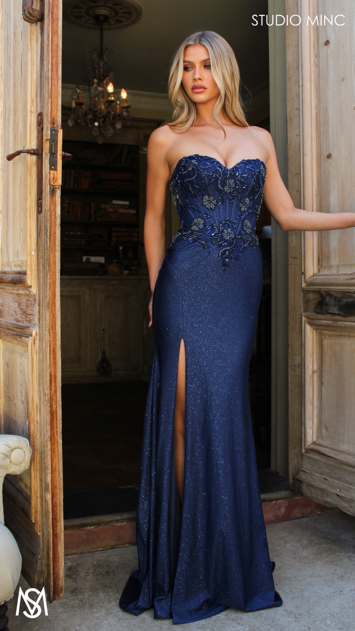 Imperial - Navy Blue Formal Dress, Beaded corset Strapless fitted mermaid silhouette