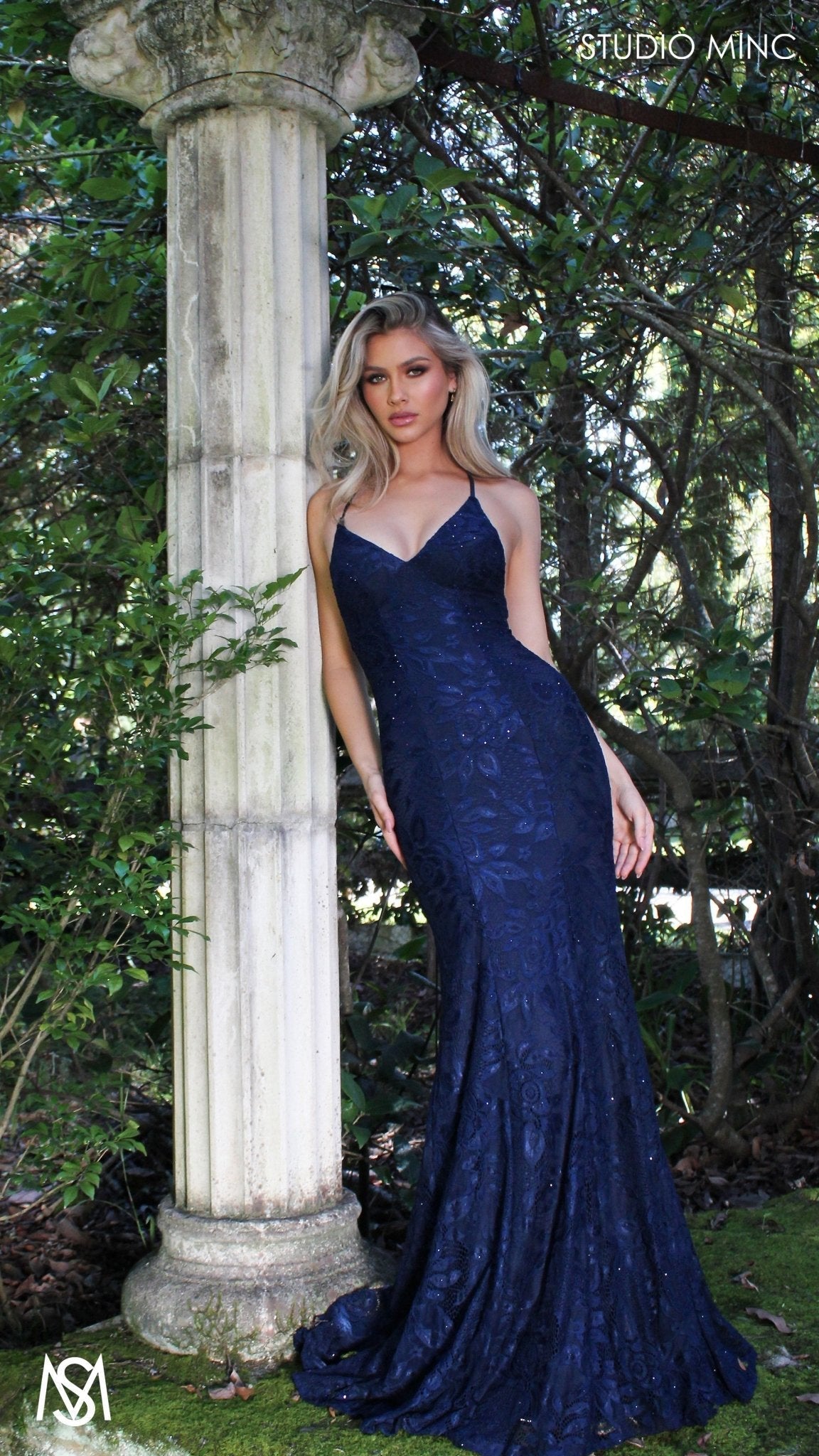 Jasmine - Navy Blue formal dress | lace V neckline fitted mermaid lace up