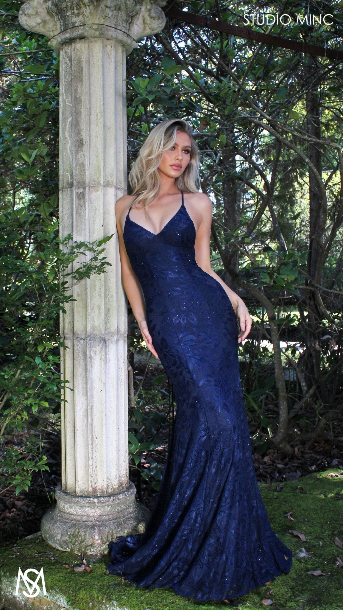 Jasmine - Navy Blue formal dress | lace V neckline fitted mermaid lace up