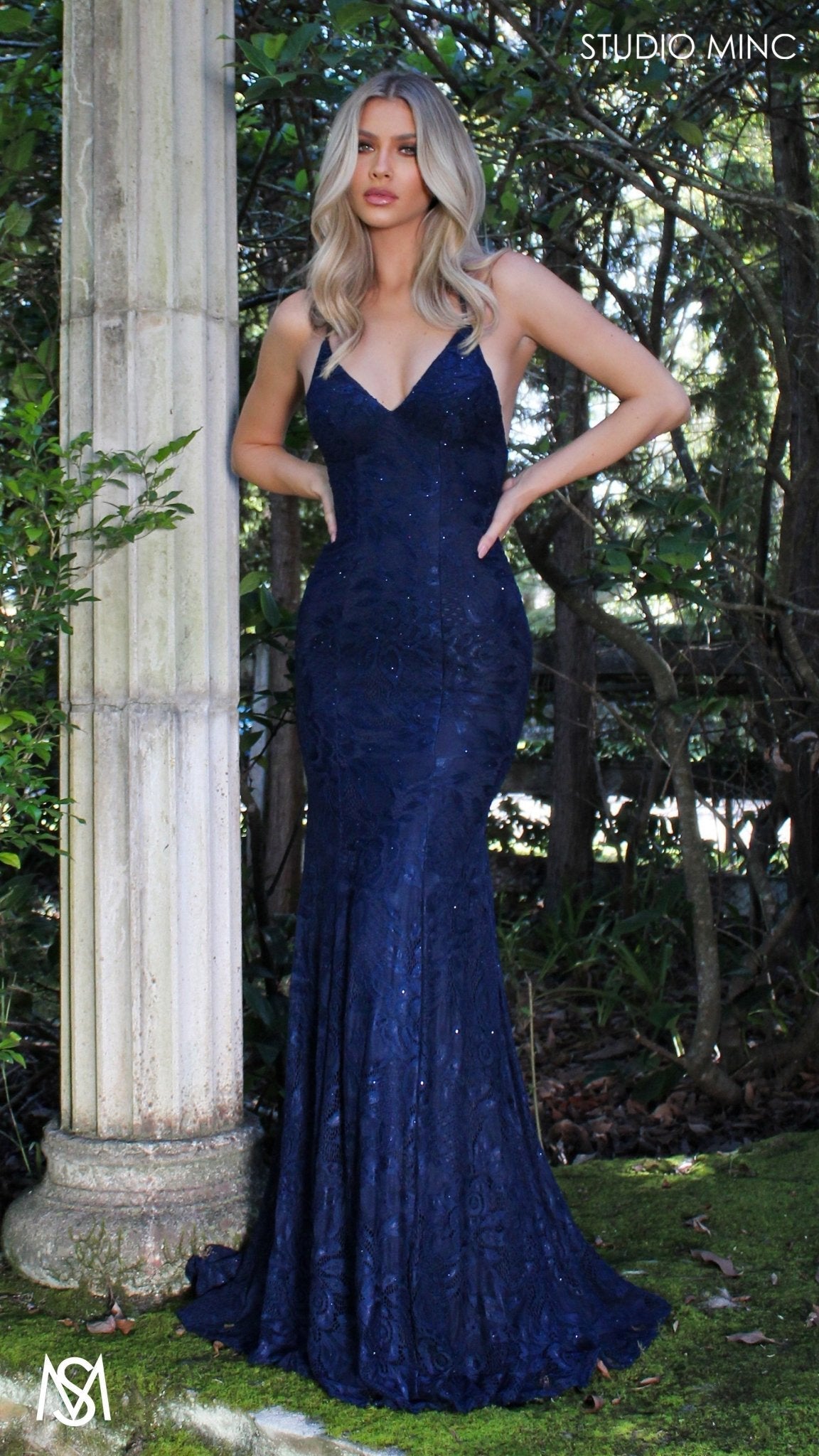 Jasmine - Navy Blue formal dress | lace V neckline fitted mermaid lace up