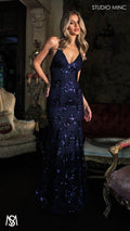 Poetry - Navy Blue formal dress | Sequin Floral V neckline fitted backless mermaid lace up